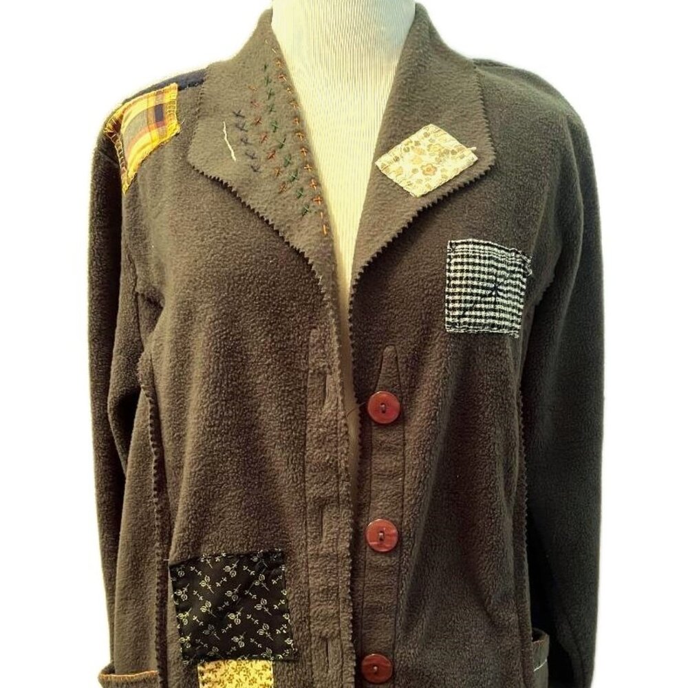 Womens Hand Sewn Embroidered Appliqued Patchwork Fleece Jacket Olive Green XL